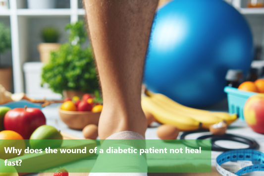 A close-up image of a diabetic patient's foot with a bandage, surrounded by healthy food items, symbolizing the importance of proper nutrition in wound healing.