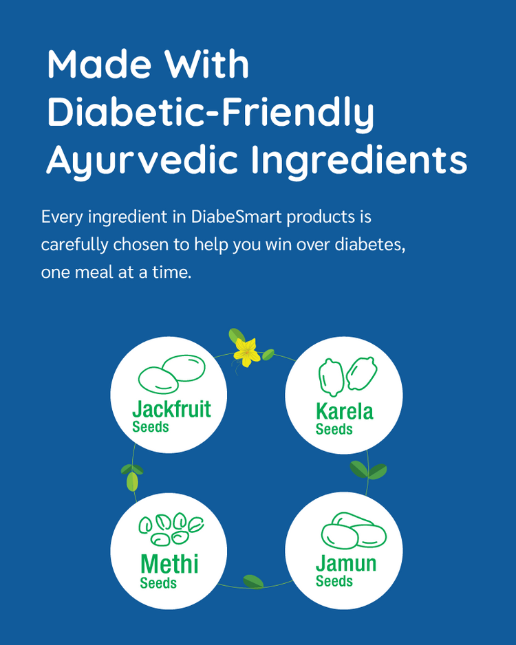 All our products are Made with diabetic friendly ayurvedic ingredients like Jackfruit seeds, Krela Seeds, Methi seeds and Jamun Seeds.