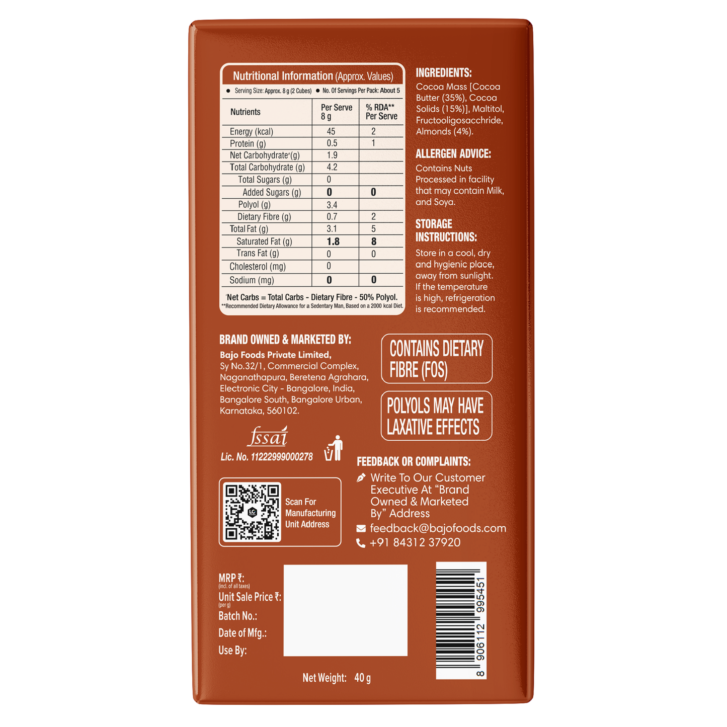 Guilt Free Almond Delight Dark Chocolate (Sugar Free)